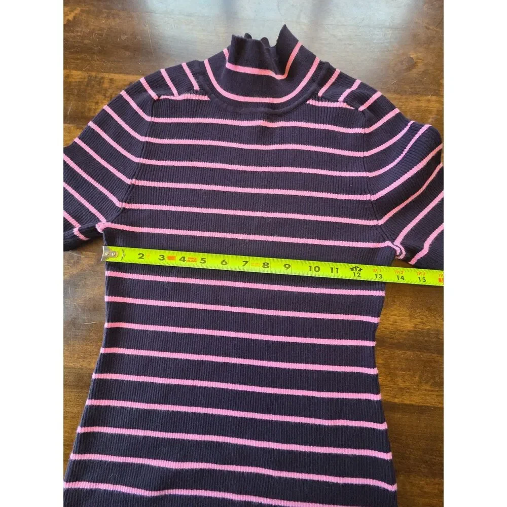 Free Assembly Striped Turtleneck Sweater Black Pink Ribbed Short Sleeve Top M - Picture 6 of 8